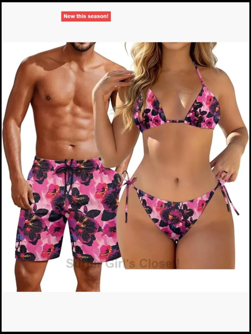 Women's Triangle Bikini Set with Men's Swim Trunks, Matching Couples Swimwear,